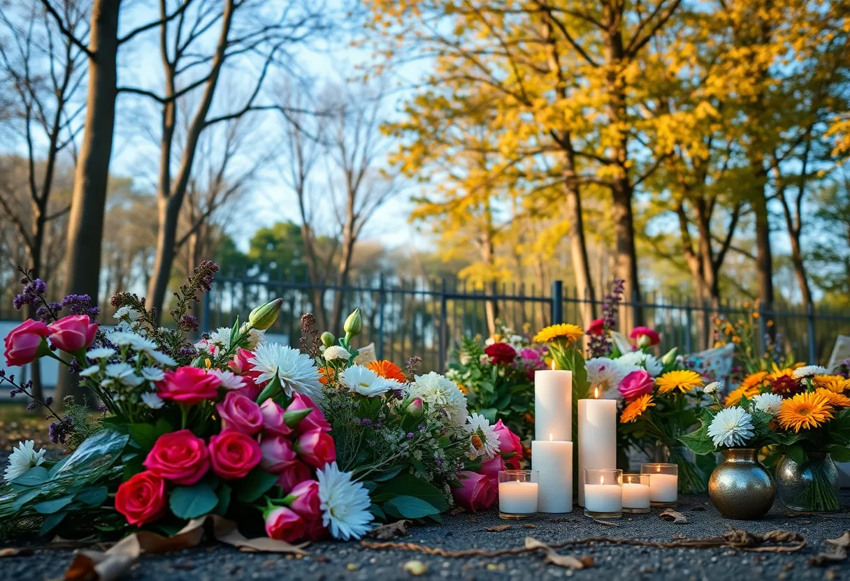A peaceful memorial scene with flowers and candles