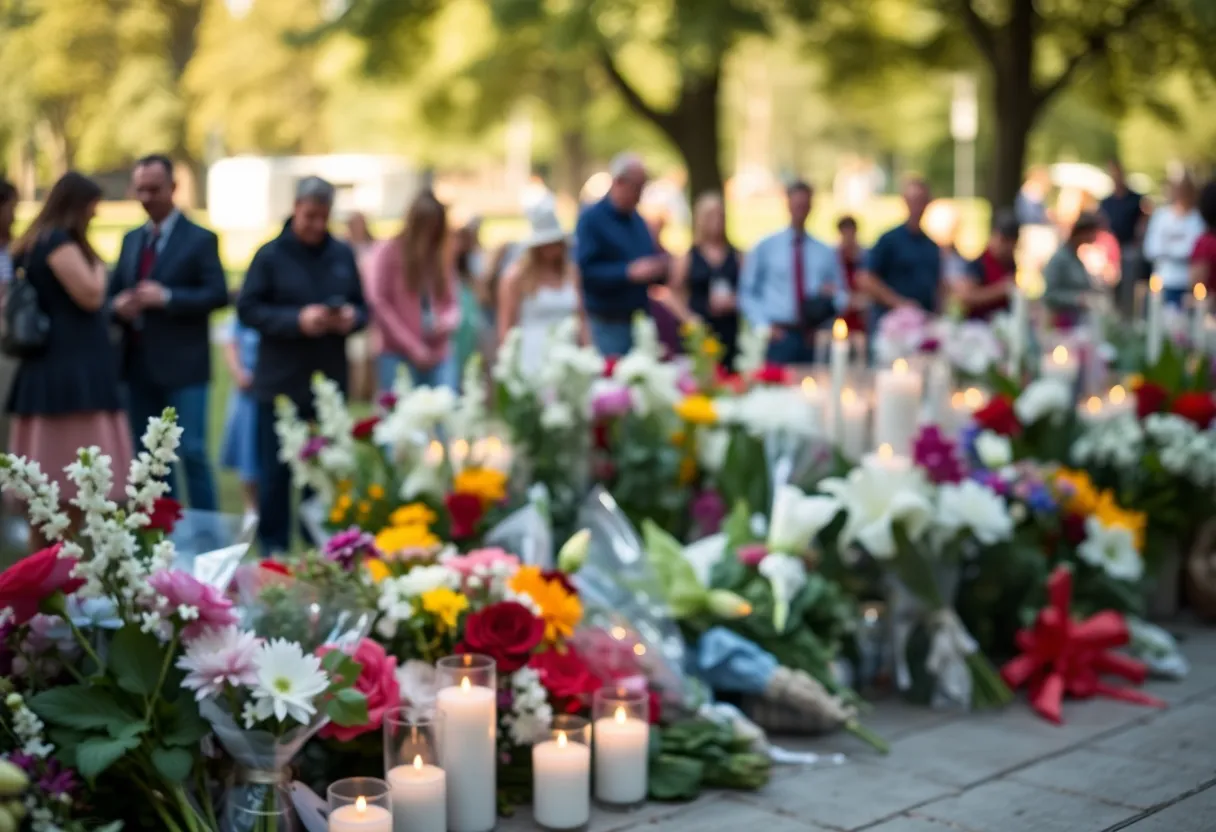 Community gathering in remembrance with flowers and candles