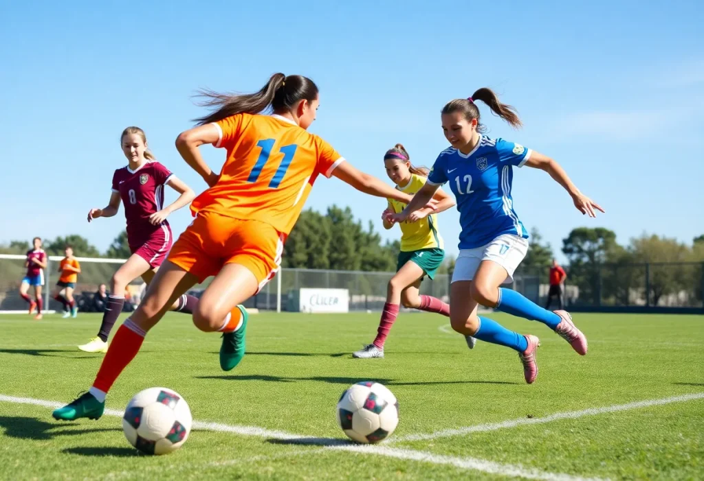Women soccer players competing on the field