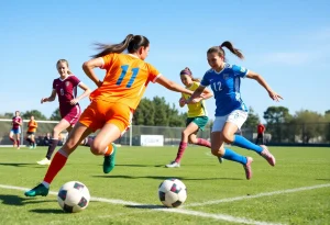 Women soccer players competing on the field