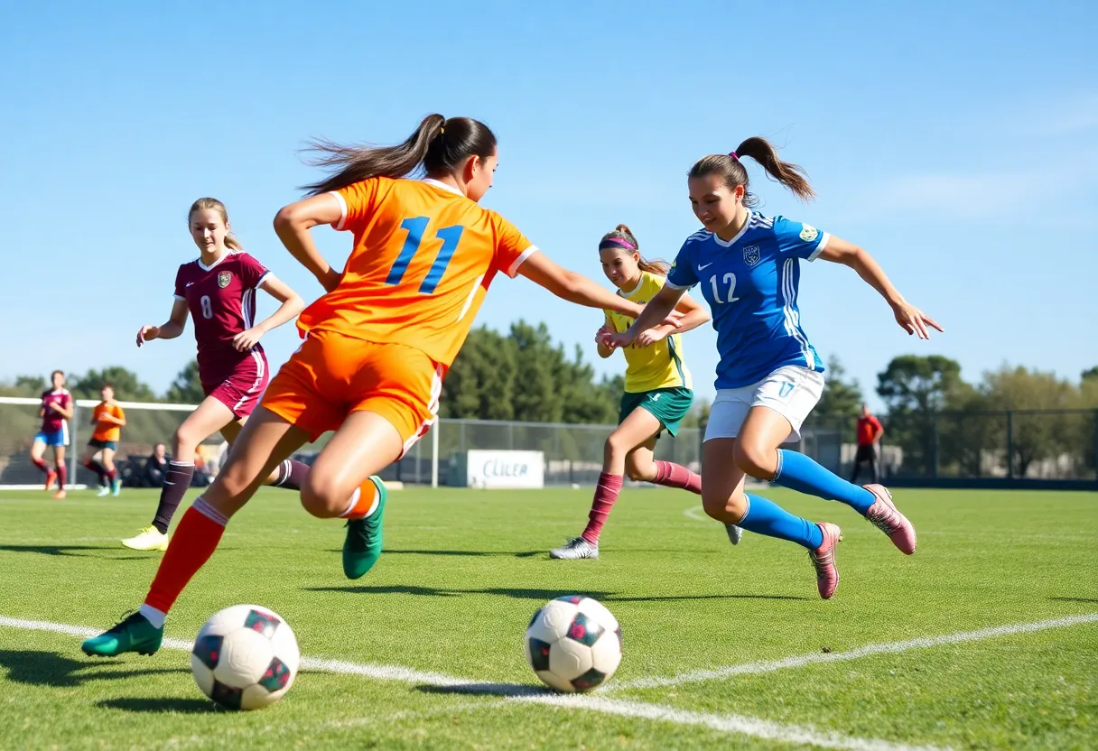 Women soccer players competing on the field