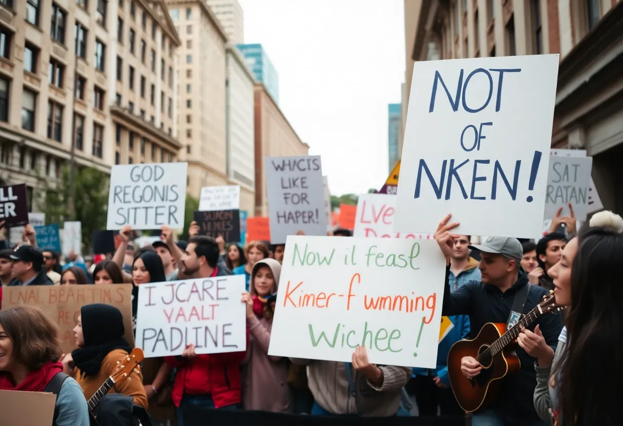 Community members protesting at the No Kings event