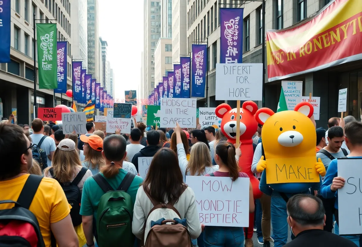 Participants in the No Kings protests holding signs in a peaceful rally