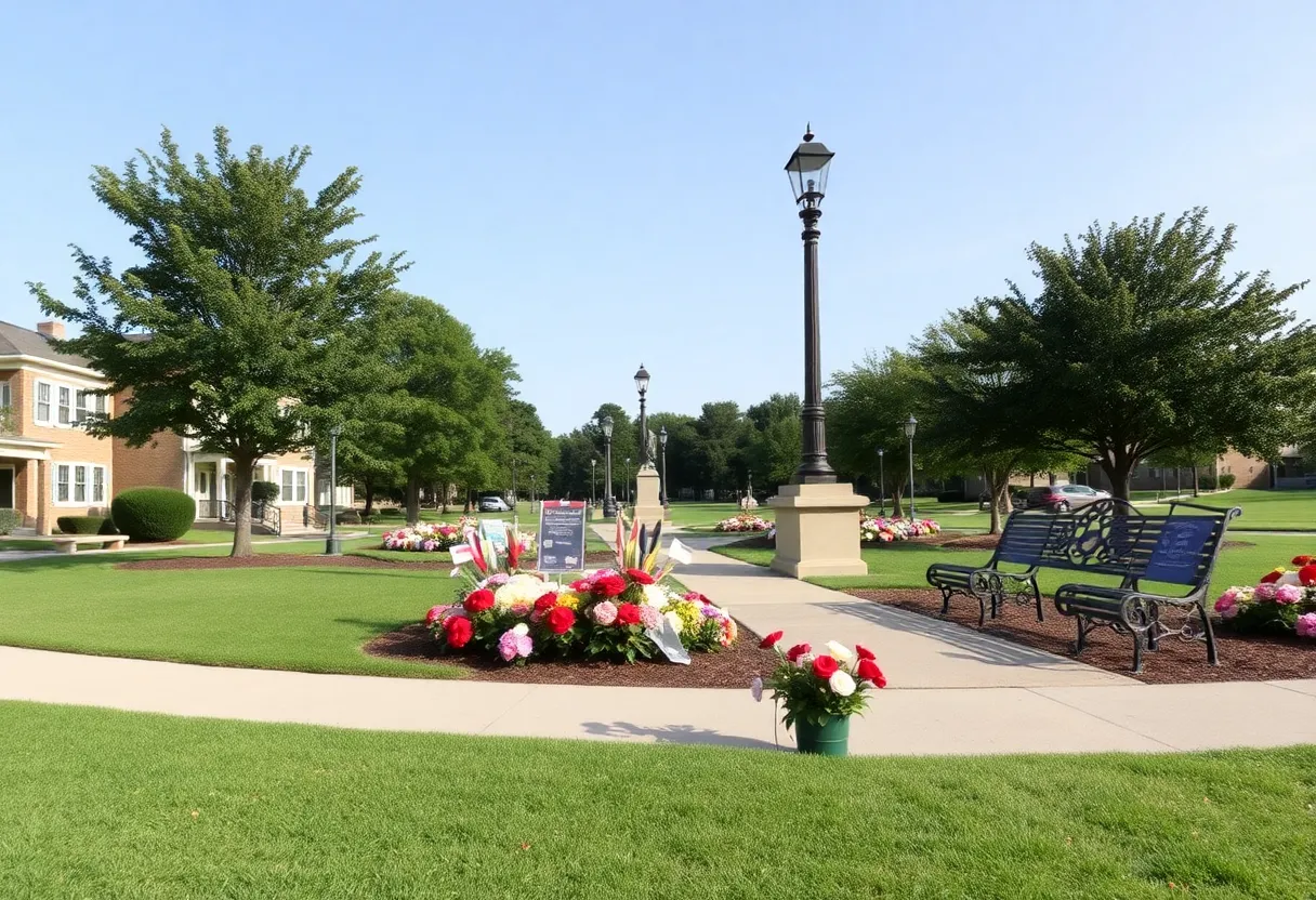 A peaceful park setting in Norfolk with blooming flowers, representing community support.