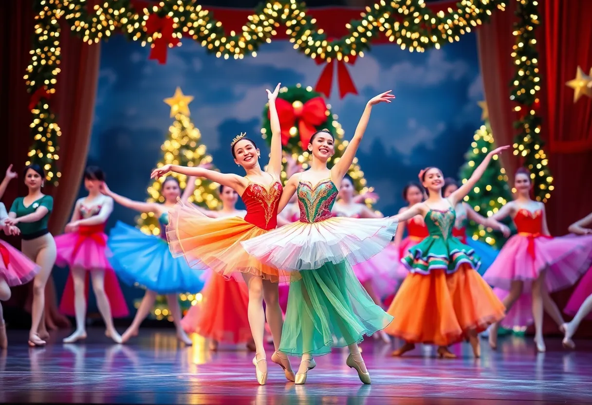 Dancers performing The Nutcracker ballet in colorful costumes