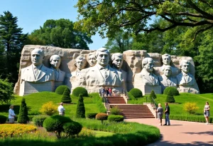 View of presidential busts surrounded by greenery
