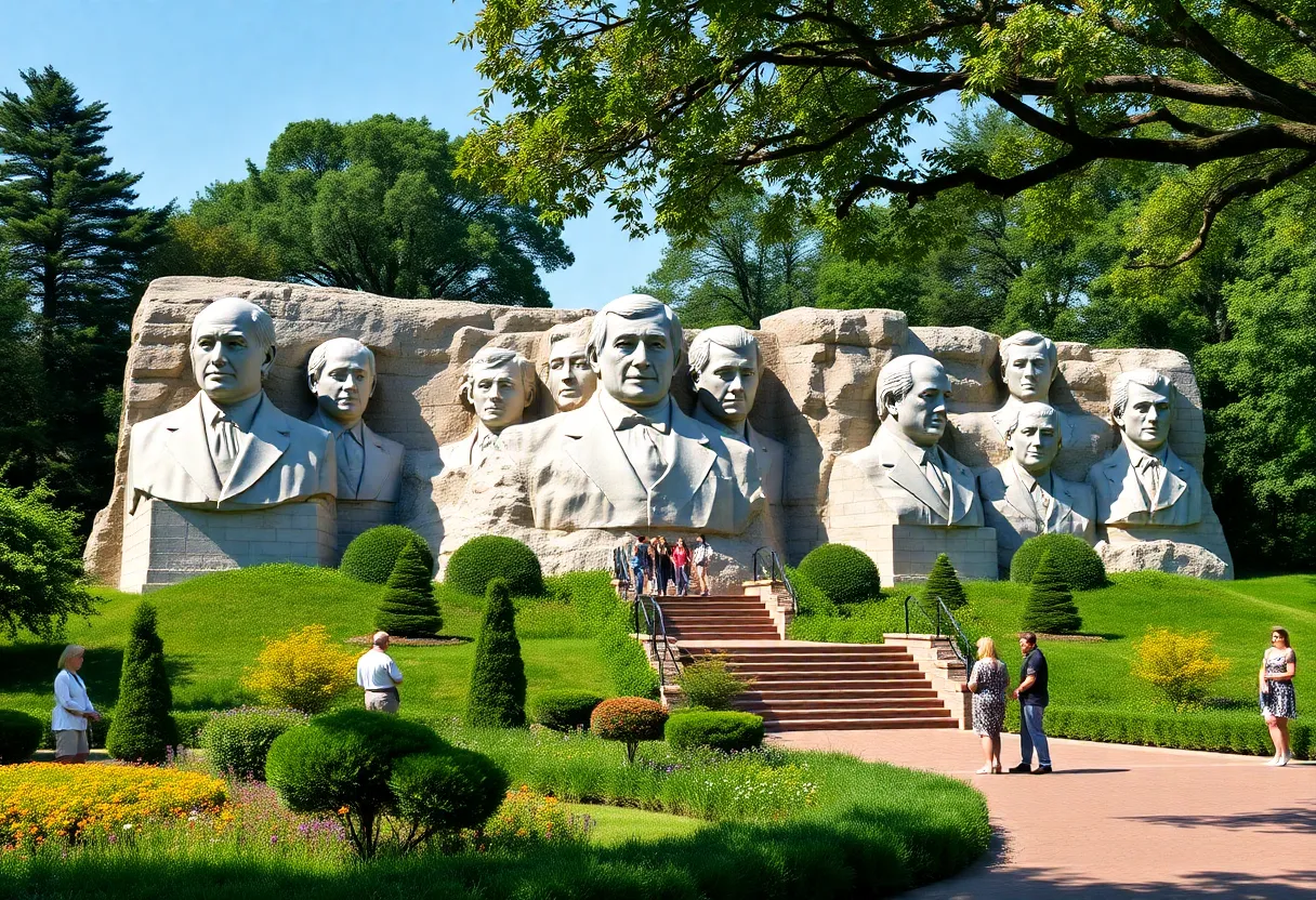View of presidential busts surrounded by greenery