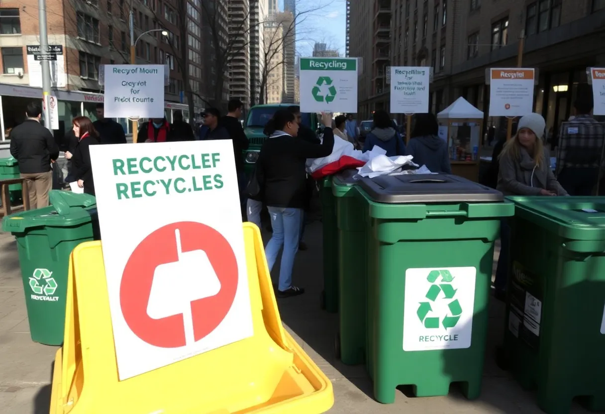 Community recycling drop-off center with bins and residents