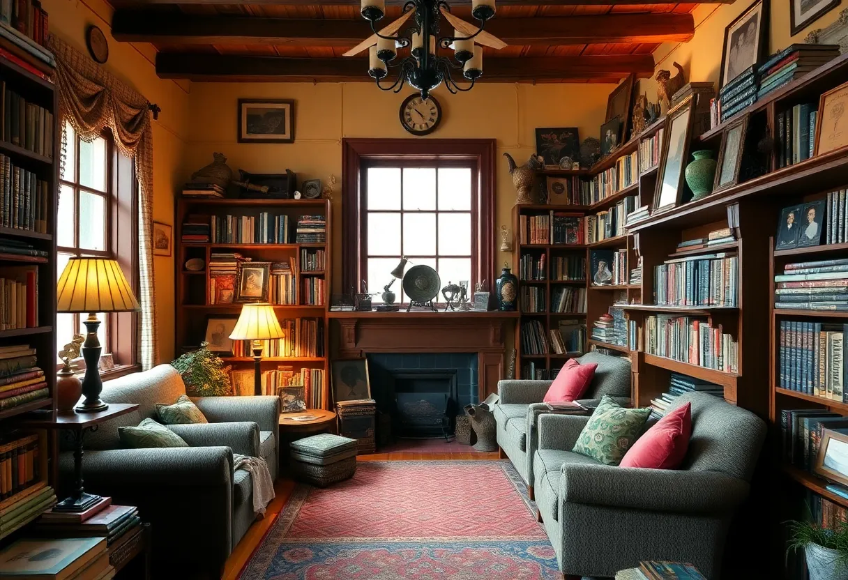 A cozy living room adorned with books and historical items.