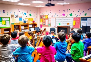 A music classroom scene depicting the joy of education and creativity.