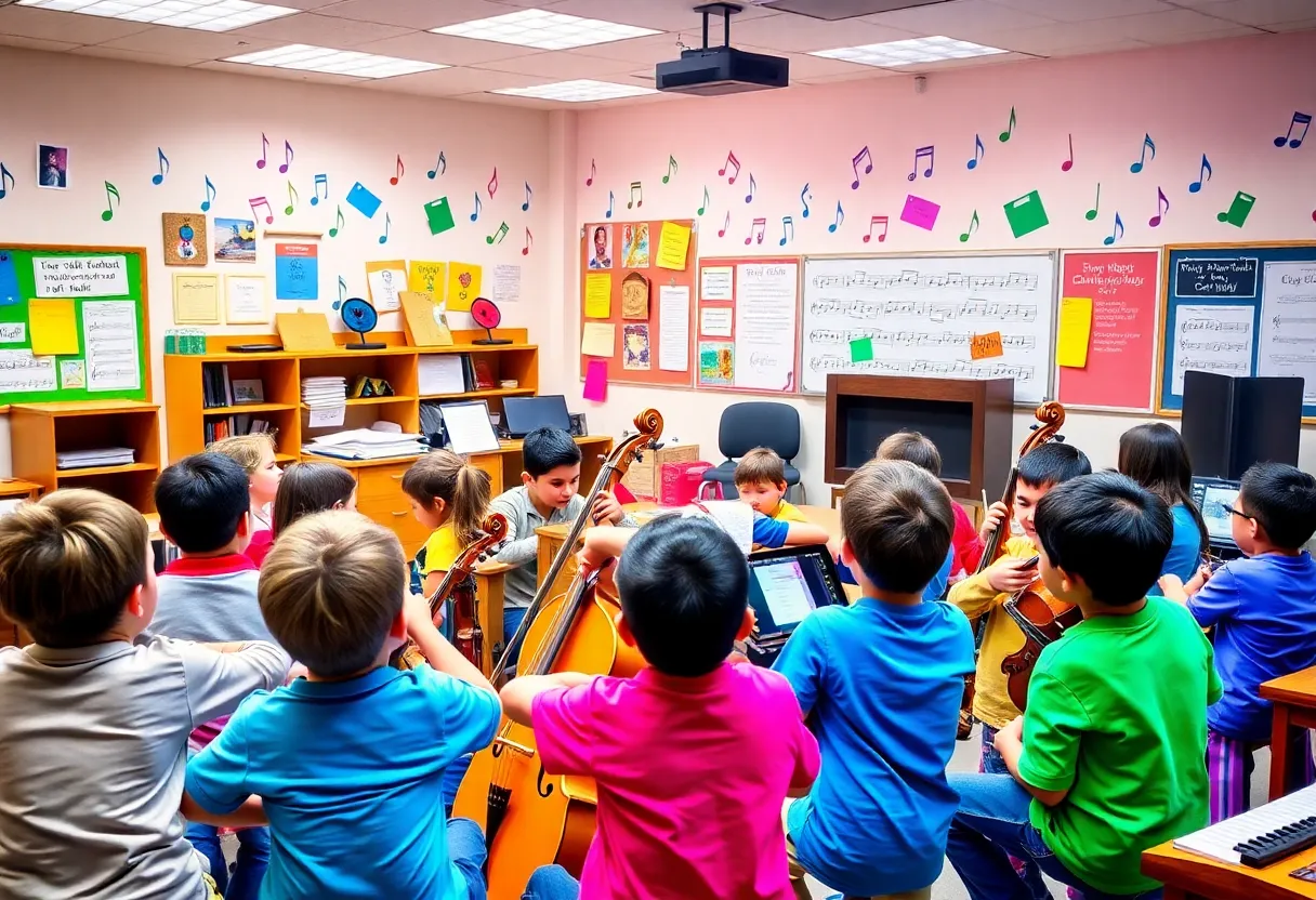 A music classroom scene depicting the joy of education and creativity.