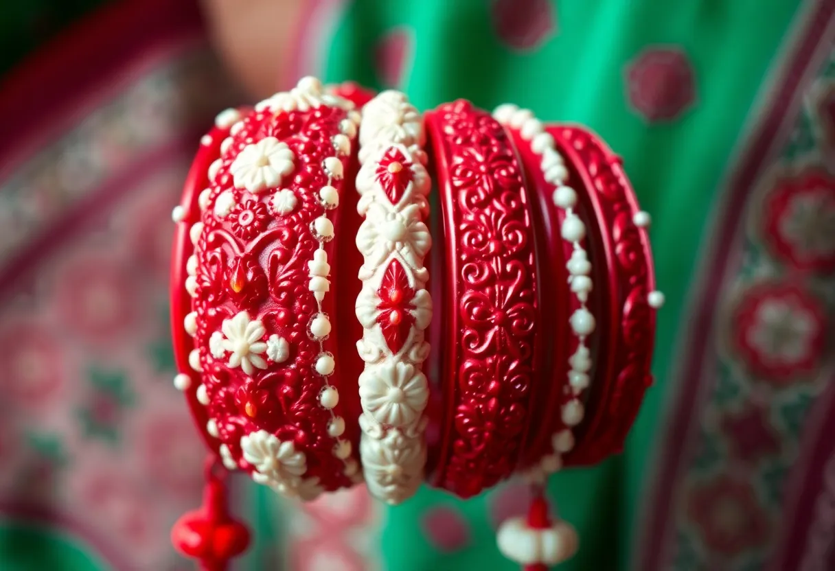 A collection of shakha and pola bangles representing Bengali tradition.
