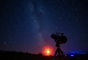 Telescope set up for stargazing with a night sky and laser light show in the background.