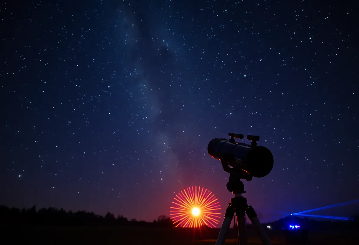 Telescope set up for stargazing with a night sky and laser light show in the background.