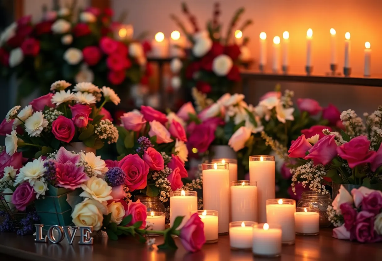 A peaceful memorial setup with flowers and candles.
