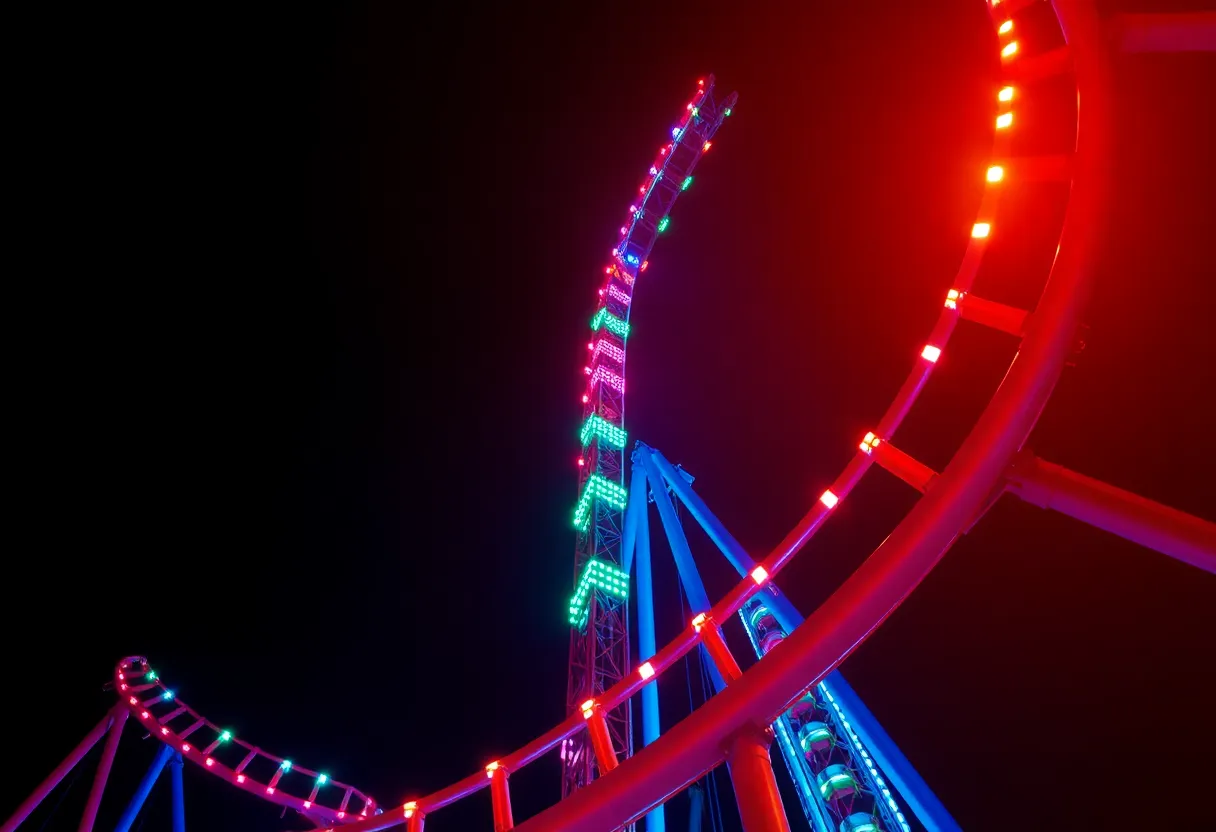 Tempesto roller coaster illuminated at night in Busch Gardens Williamsburg