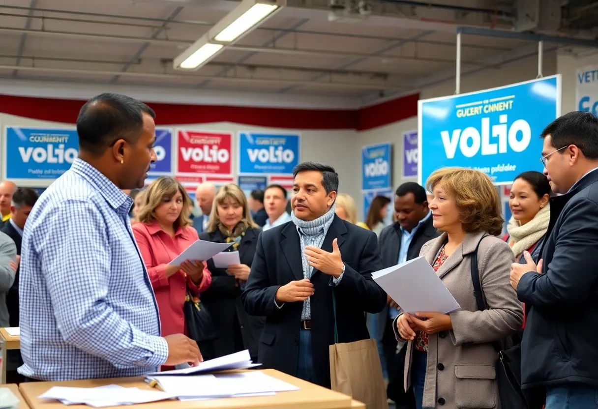 Voters discussing at a polling station during the Virginia Attorney General race