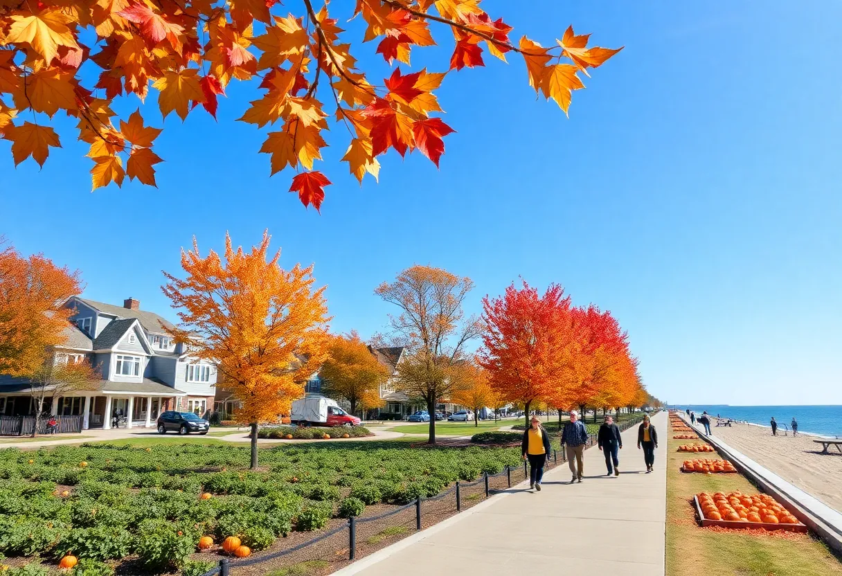 Virginia Beach during fall with clear skies and people enjoying outdoor activities