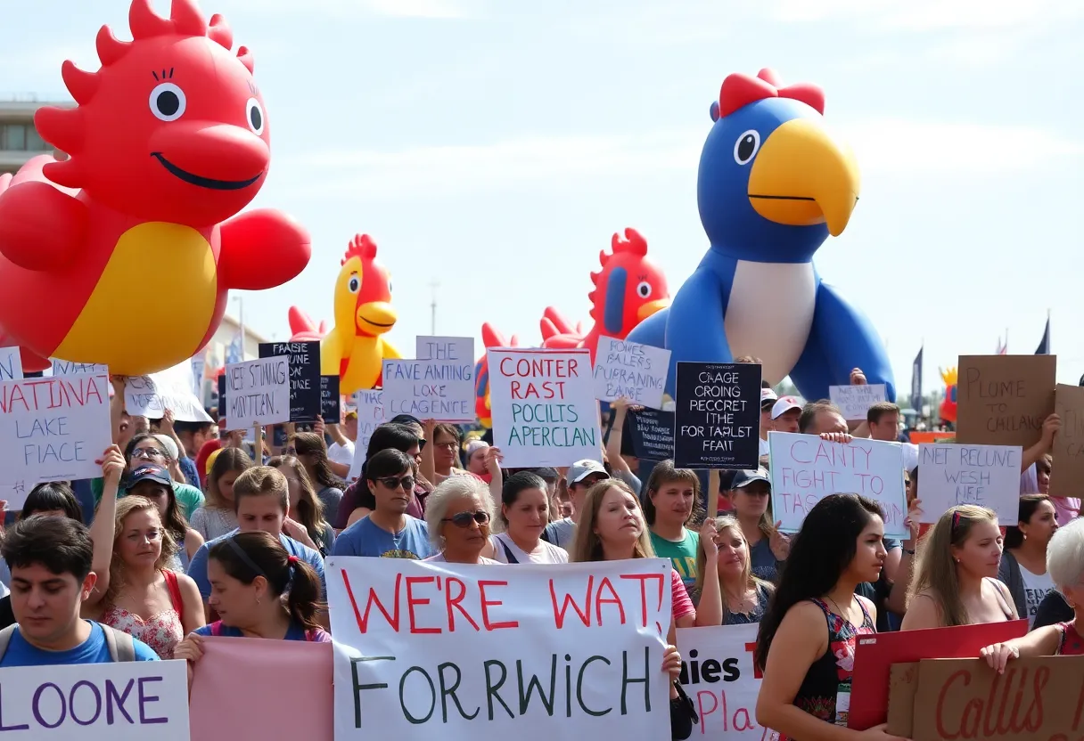 Protesters at No Kings protests in Virginia Beach holding signs and wearing inflatable costumes.