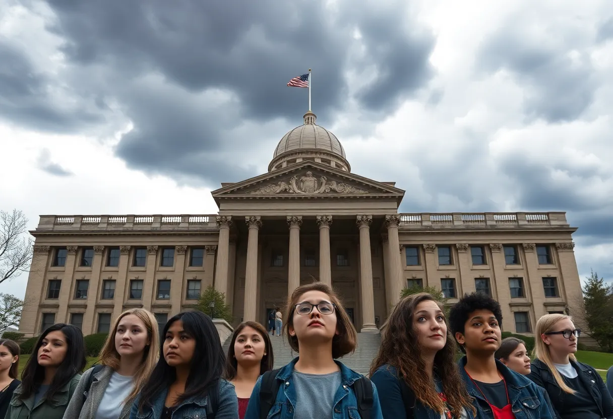 Virginia Department of Education building with students expressing concern about student loan debt