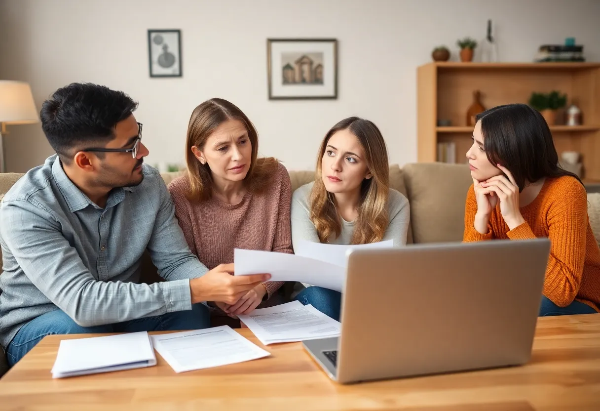 Family discussing health insurance options, looking concerned.