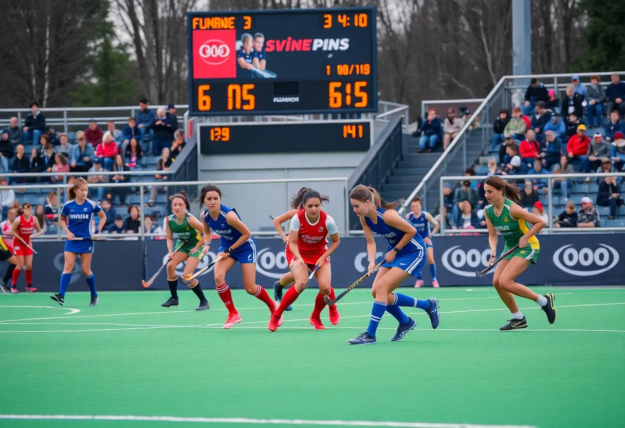 Virginia field hockey players competing in a match against Liberty