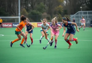 Virginia field hockey team celebrating their 5-0 victory