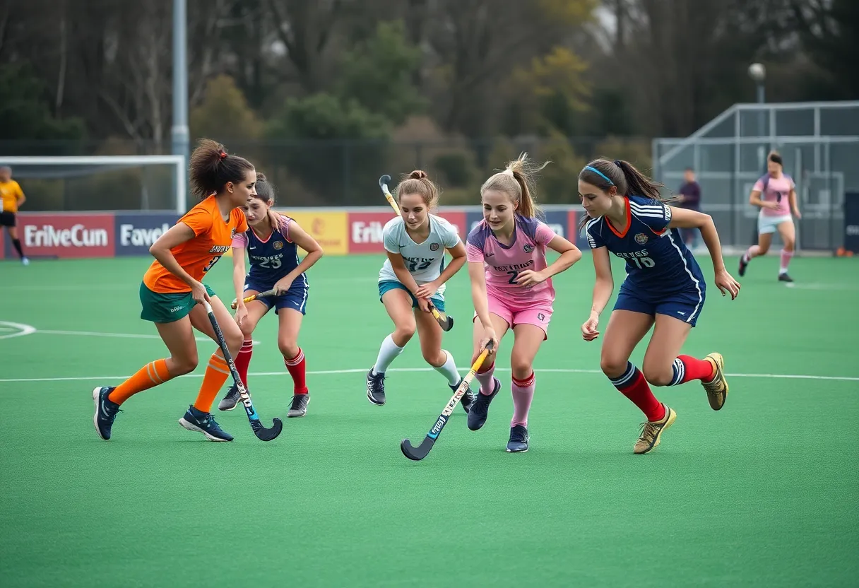 Virginia field hockey team celebrating their 5-0 victory