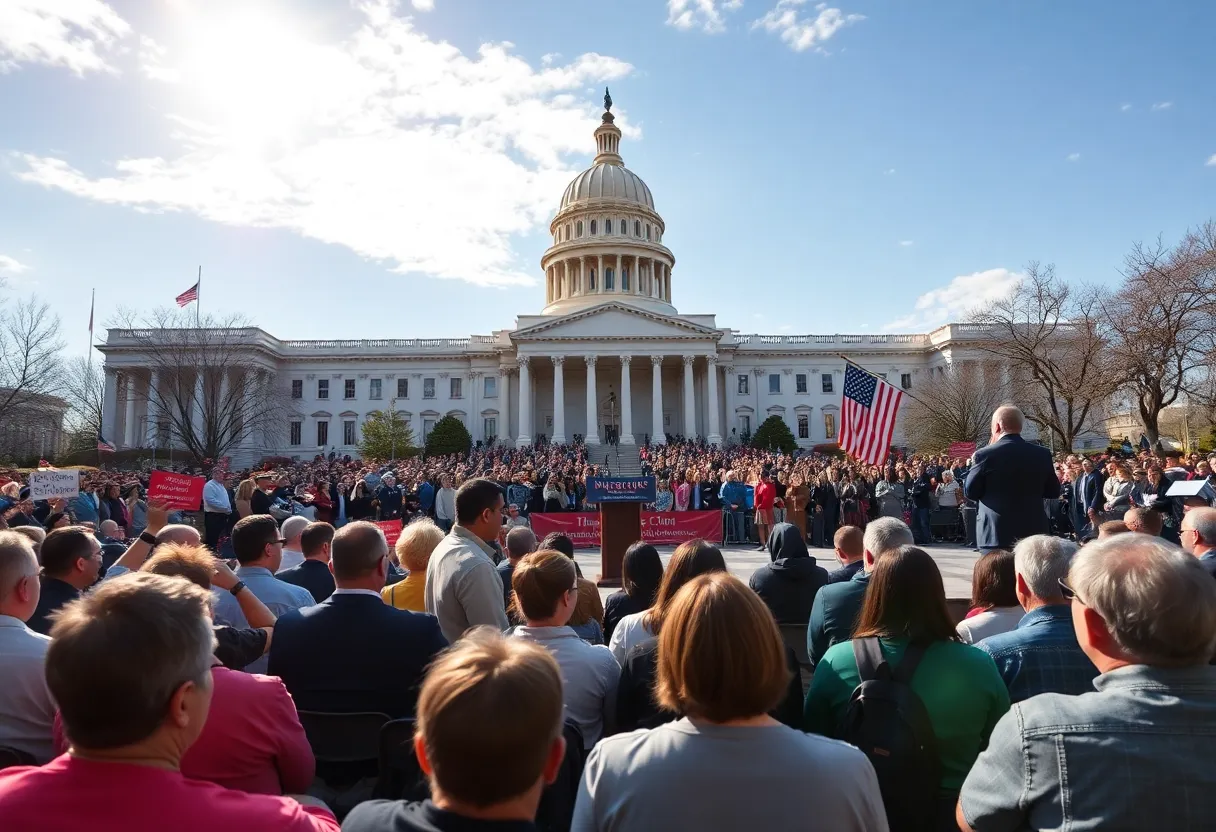 Political debate stage with audience surrounding the Virginia state capitol