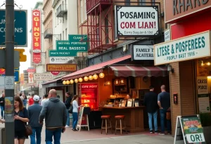 A bustling street showcasing various local businesses in Virginia