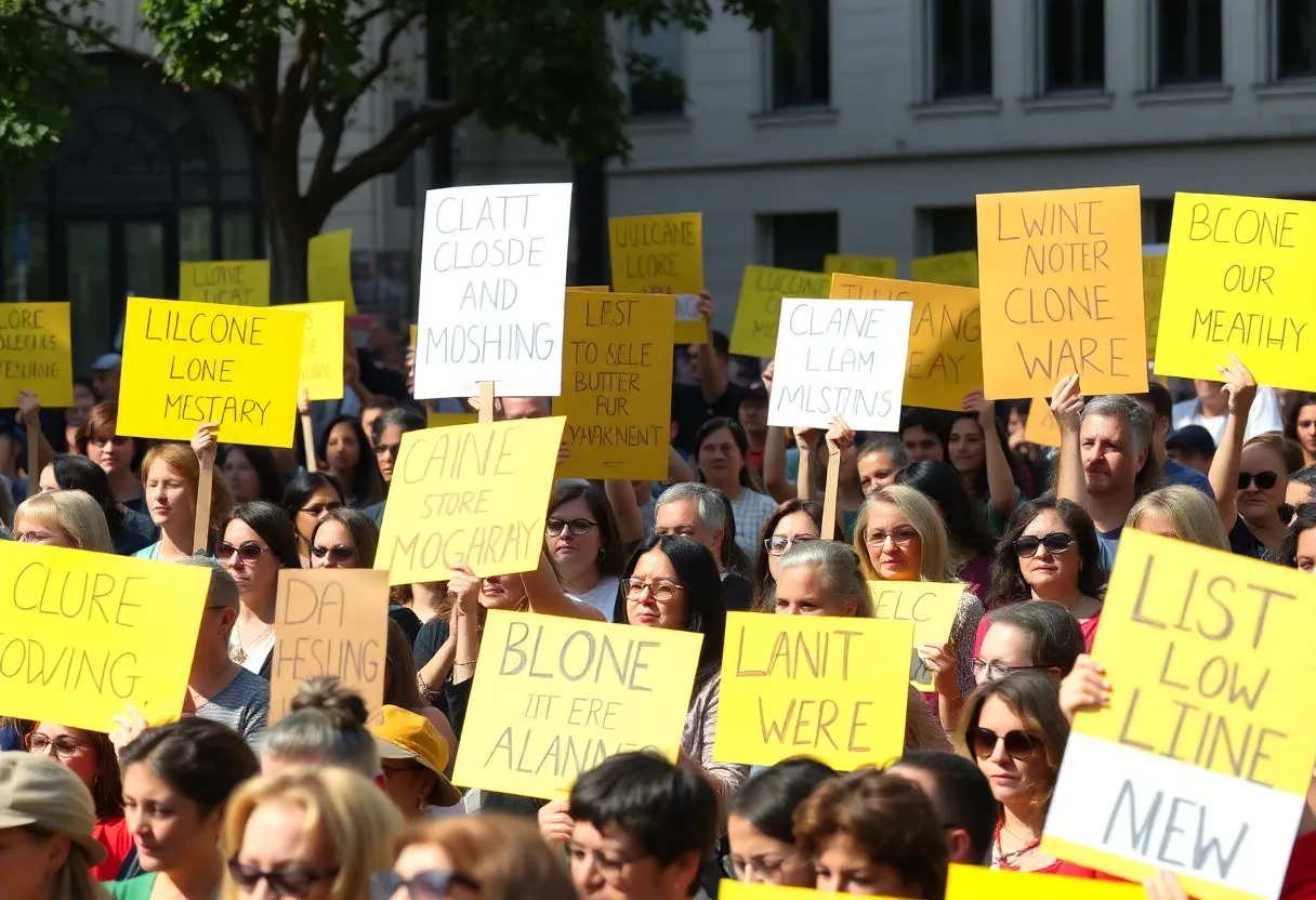 Diverse crowd of protesters in Virginia raising signs for democracy