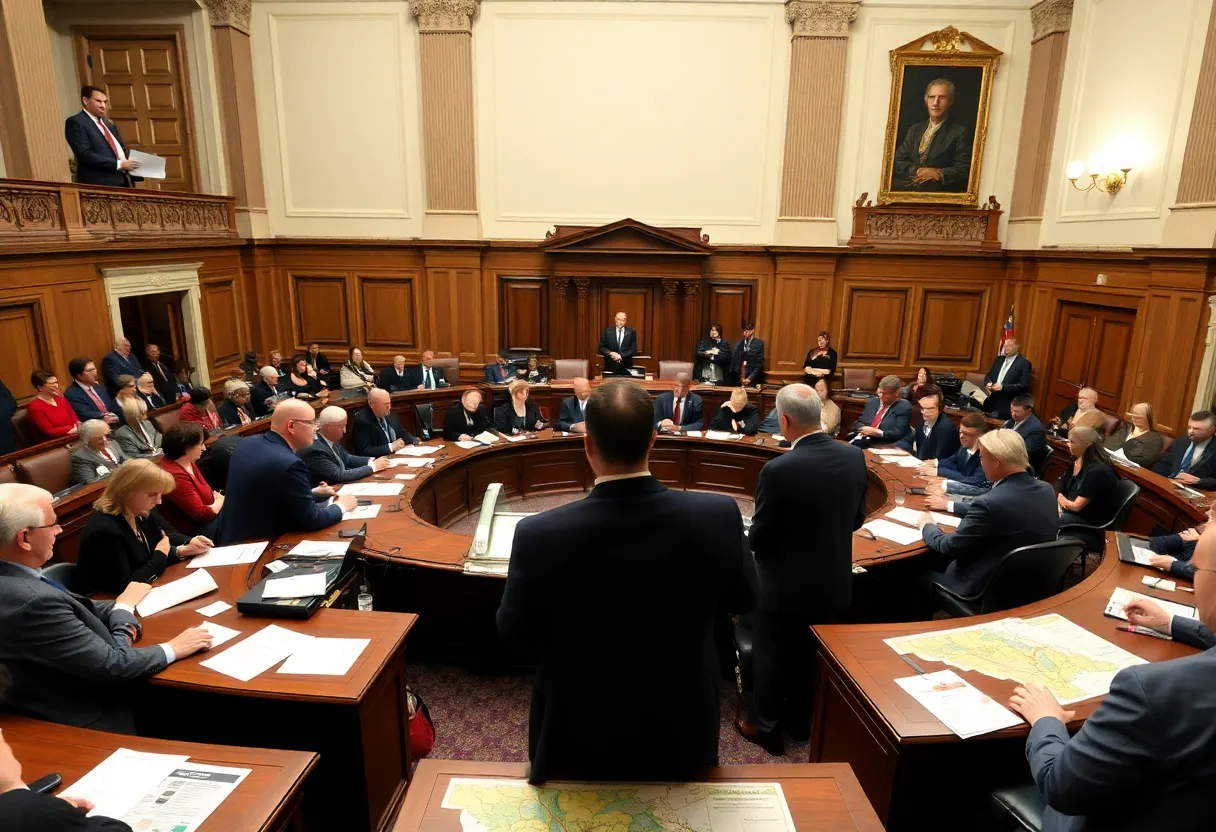Virginia lawmakers discussing redistricting plans in a state capitol.