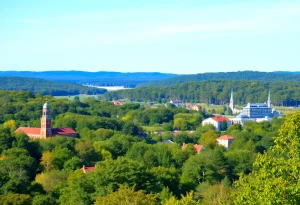 Beautiful landscape view of Virginia with forests and historic buildings