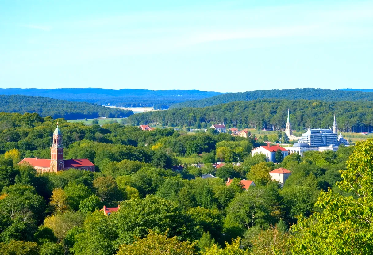 Beautiful landscape view of Virginia with forests and historic buildings