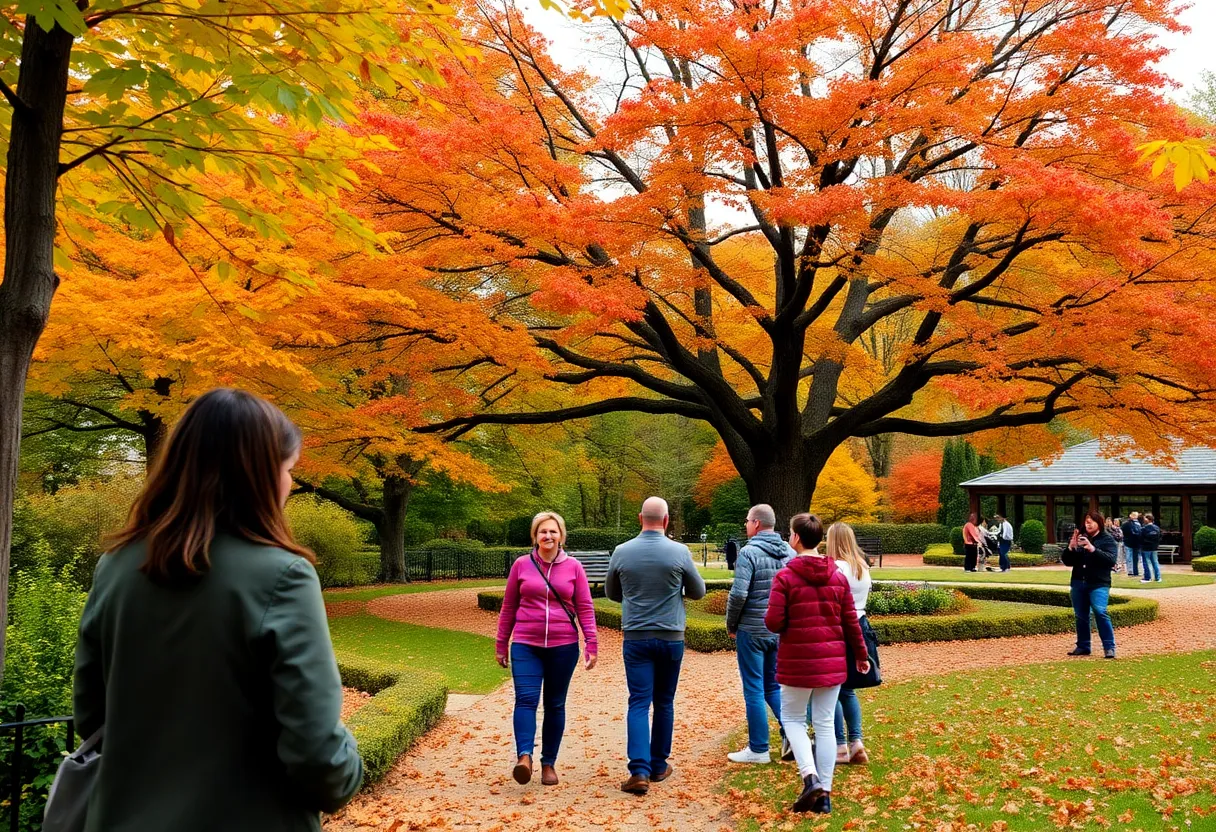 Visitors enjoying a guided tour at the Colonial Williamsburg Arboretum during autumn
