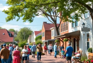 A lively neighborhood in Williamsburg, VA with people engaging in community activities.