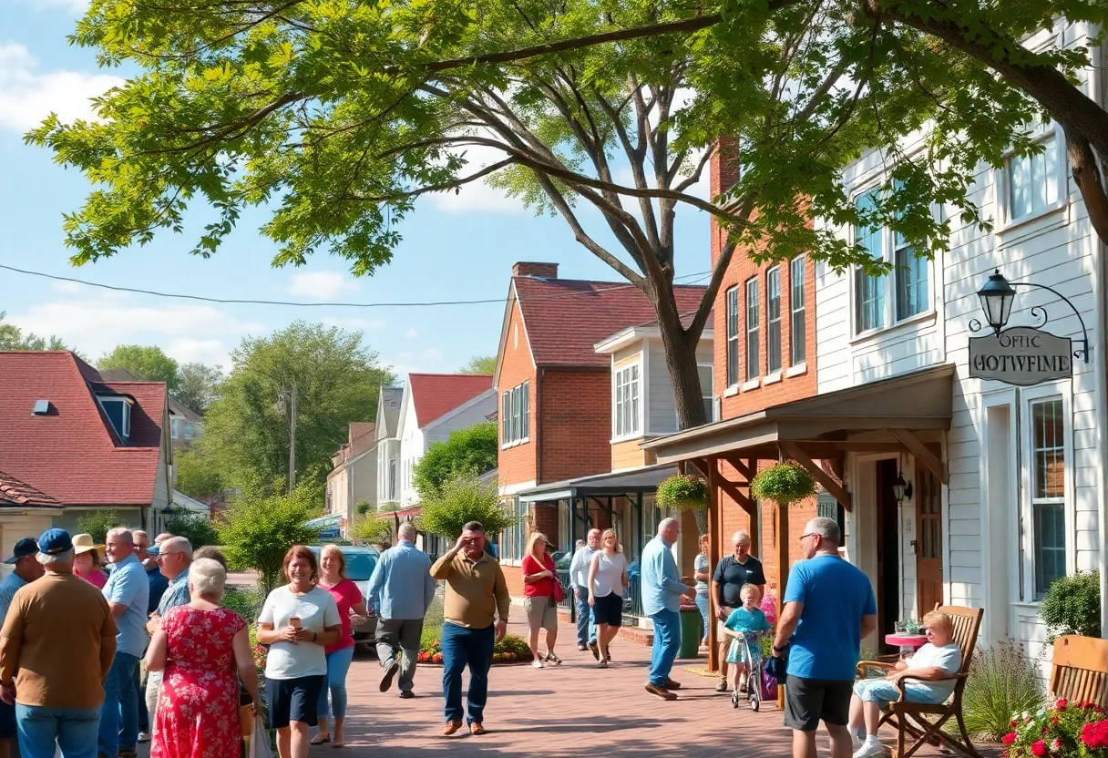 A lively neighborhood in Williamsburg, VA with people engaging in community activities.