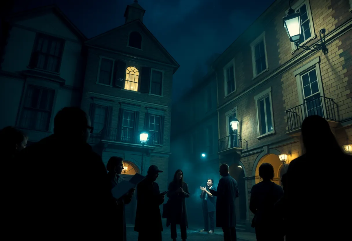 A group participating in a ghost tour in Williamsburg with colonial buildings in the background.