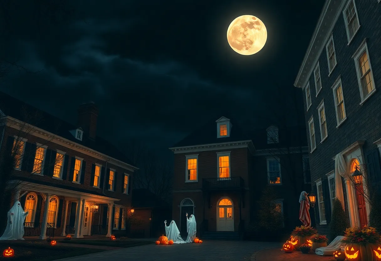 Spooky night in Williamsburg, Virginia, with historic architecture